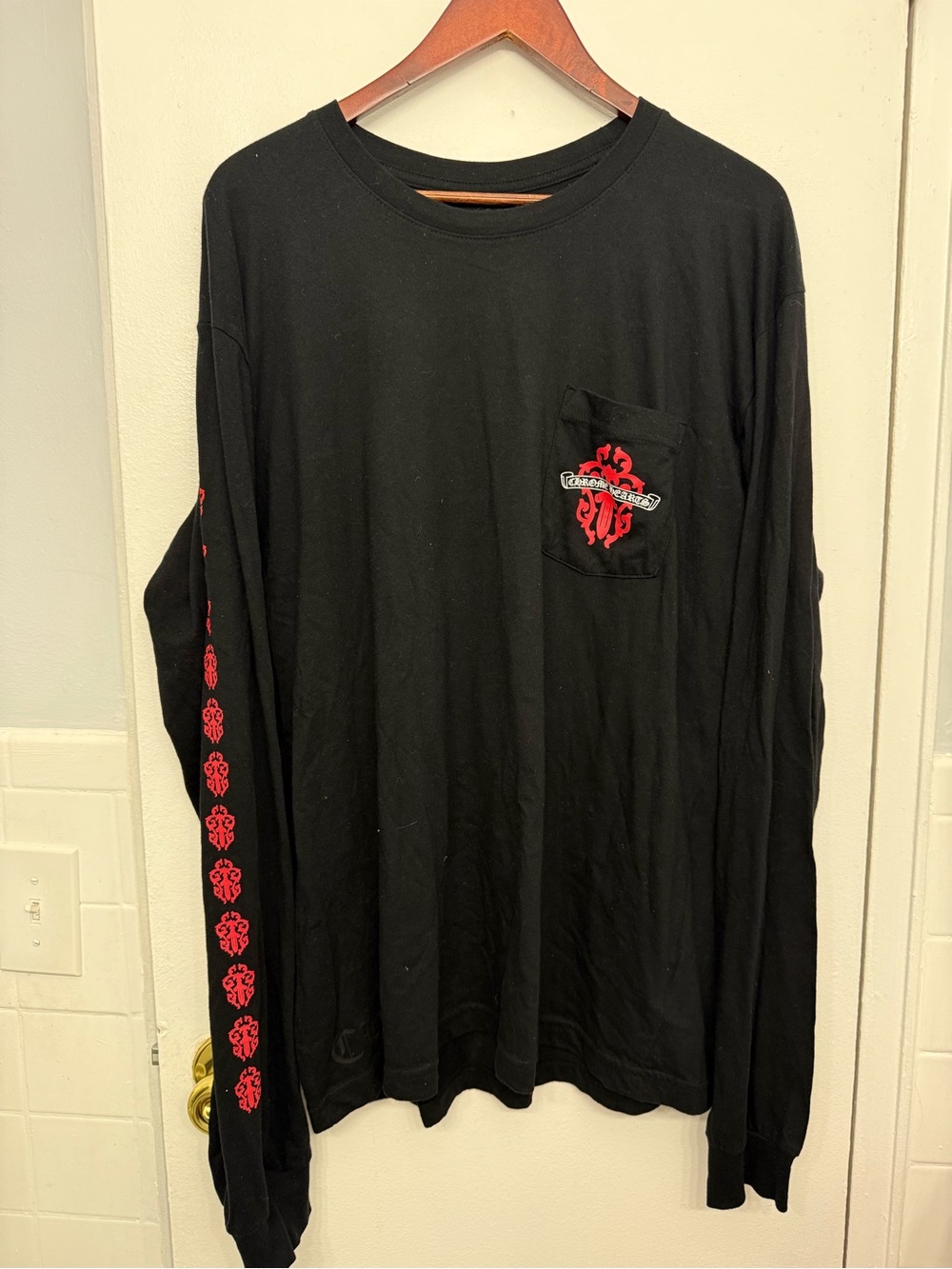 Chrome Hearts Black Long-Sleeve Tee with Red Pocket & Sleeve Graphics SZ XL